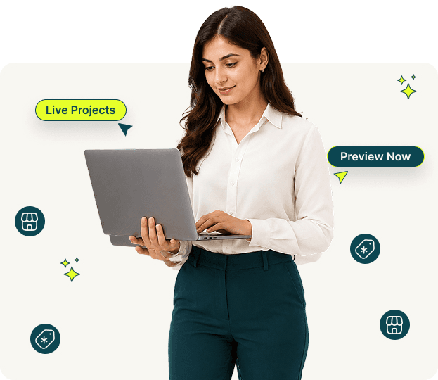 Digital specialist working on a laptop showcasing live projects